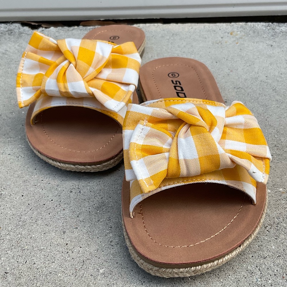 Yellow gingham bow detail slip on sandal rope accent at sole TTS soda brand